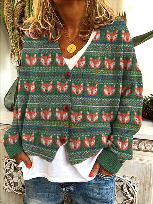 Cute Fox Casual Vintage Cozy Knit Cardigan artswardrobe