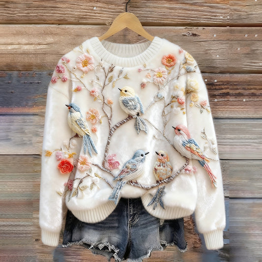 Comstylish Cute Birds & Flowers Art Round Neck Plush Sweatshirt