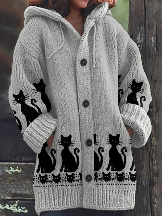 Comstylish Vintage Black Cat Art Print Cozy Button Sweater