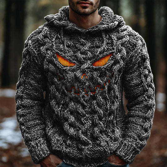 Halloween Evil Pumpkin Emoji Men's Chunky Knit Hooded Sweater elevenforest