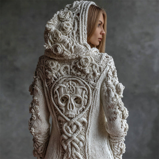 Vintage White Roses Viking Celtic Skull Hooded Cozy Knit Cardigan artswardrobe