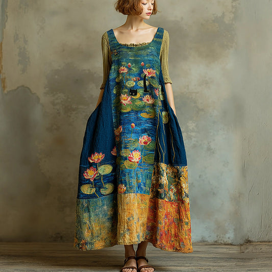 Women's Vintage Oil Painting Water Lily And Black Cat Art Print Sleeveless Midi Dress artswardrobe