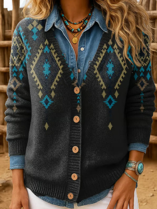 Women's Western Retro Pattern Print Casual Cardigan artswardrobe