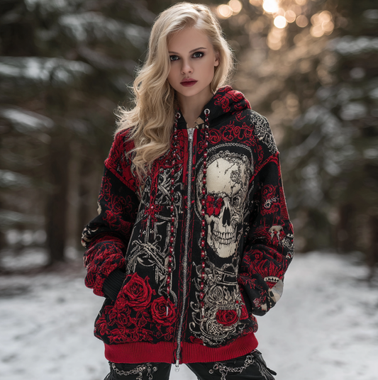 Halloween Skull And Rose Pattern Women's Hooded Sweatshirt Jacket elevenforest