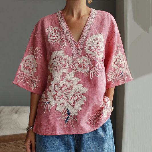 Women's Elegant Cherry Blossom Embroidery Contrast Color T-shirt artswardrobe