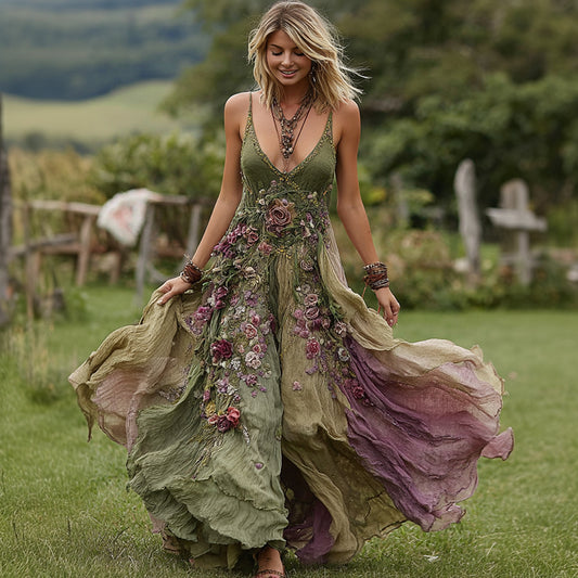 Vintage Floral Embroidery Linen Maxi Dress artswardrobe