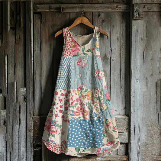 Vintage Floral Patchwork Art Linen Blend Tank Dress artswardrobe