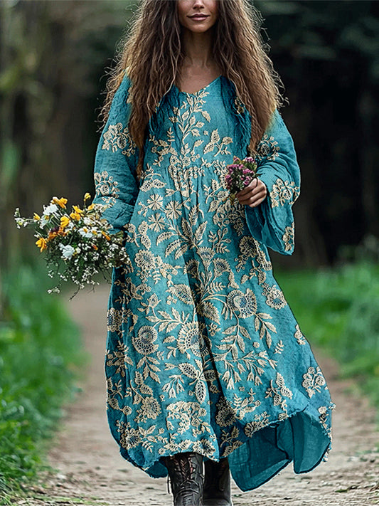 Vintage Floral Embroidered Lace Linen Blend Maxi Dress artswardrobe