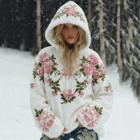 Comstylish Women's Boho Pink Rose Floral Art Flannel Hooded Sweatshirt