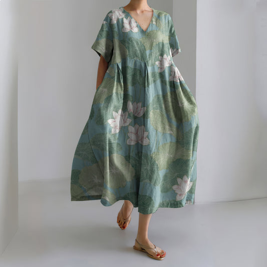 Comstylish Casual Water Lily Art Pattern V-Neck Dress