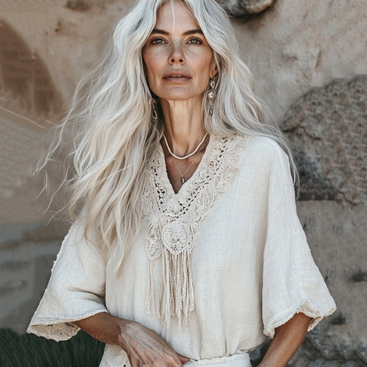 Comstylish Vintage Floral Fringe Art Cotton Linen Casual Shirt