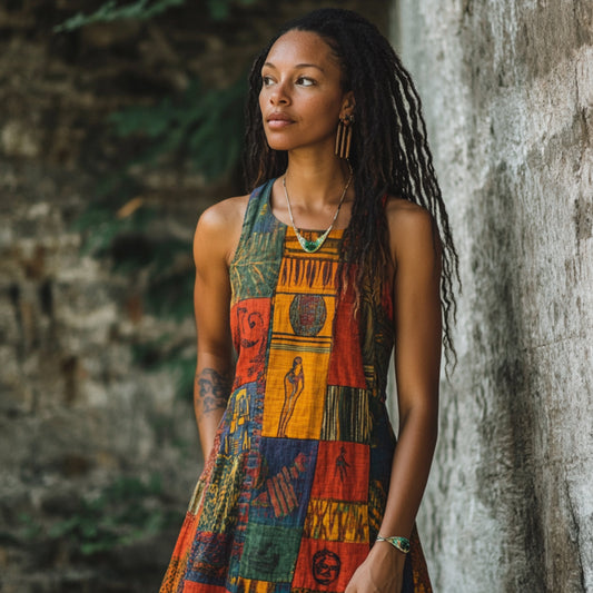 Vintage Tribal Print Women's Linen Vest Dress artswardrobe