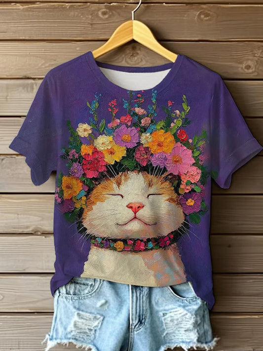 Comstylish Women's Oil Painting Cute Flowers Cat Print T-shirt