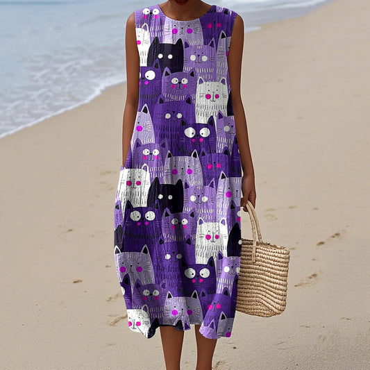 Women's Colorful Cat Art Print Dress elevenforest