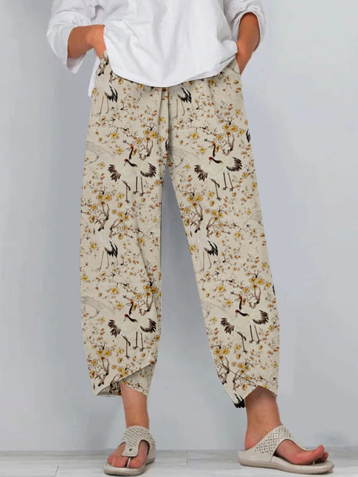 Comstylish Vintage Japanese Cranes and Flowers Art Cropped Casual Pants