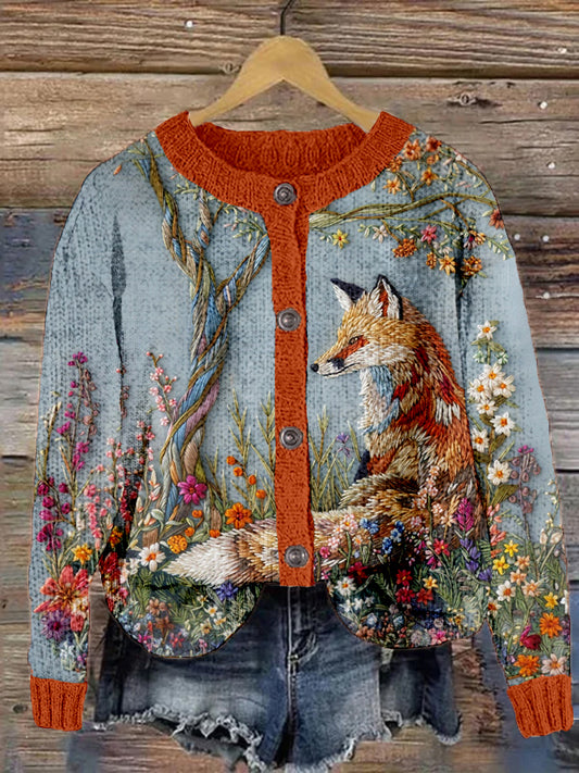 Whimsical Fox Embroidery Art Cozy Cardigan artswardrobe