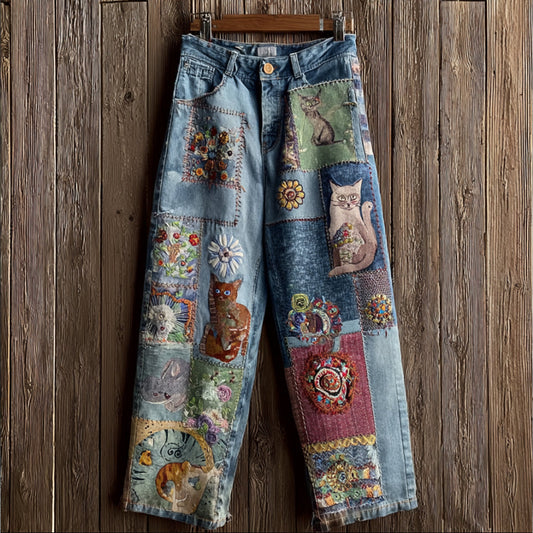 Women's Bohemian Colorful Cat And Flower Pattern Vintage Casual Jeans elevenforest