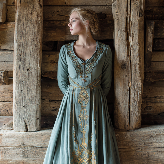 Women's Viking Celtic Knot Art Pattern Cotton And Linen V-neck Dress artswardrobe