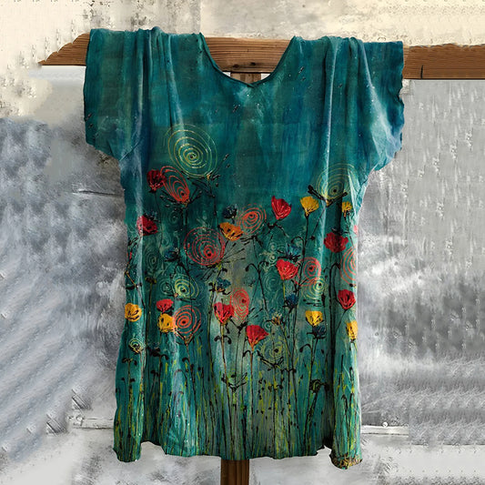 Comstylish Vintage Embroidered Floral Art Cotton T-shirt