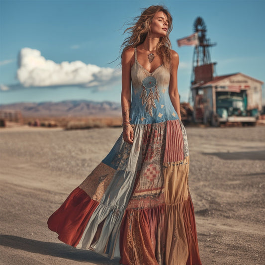 Western Dreamcatcher Embroidered Vintage Patchwork Linen Cami Maxi Dress