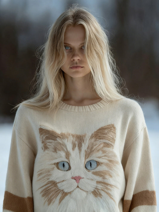 Comstylish Lovely Cat Face Pattern Round Neck Cozy Knit Sweater