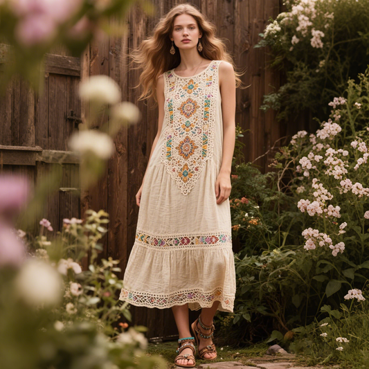 Vintage Tribal Ethnic Floral Lace Panel Linen Dress artswardrobe