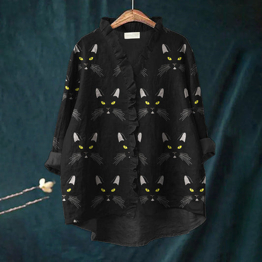Black Cat Faces Embroidered Ruffle Trim Linen Blouse elevenforest