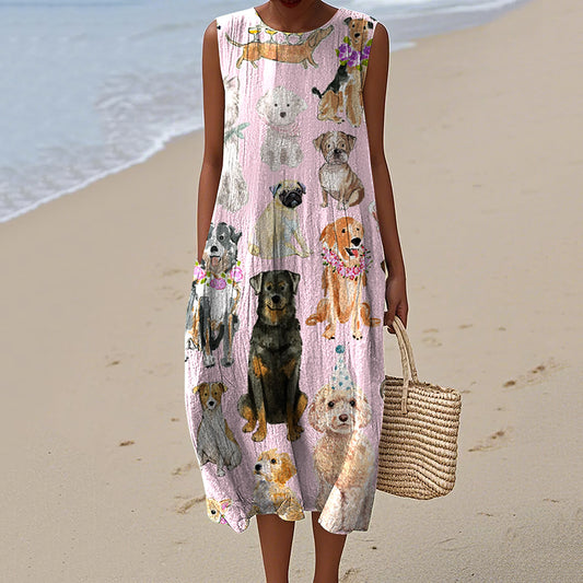 Women's Vintage Dogs Art Print Sleeveless Dress artswardrobe
