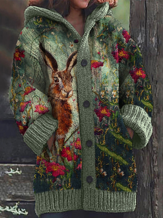Forest Bunny Floral Felt Art Cozy Hooded Cardigan artswardrobe