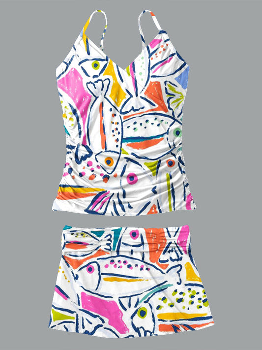 V-Neck Vintage Fish Print Suspender Skirt Tankini Pantskirt Set Swimsuit
