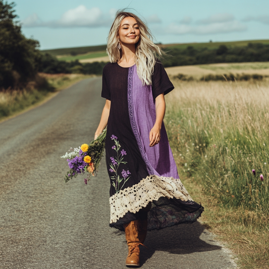 Spring Girl Green Pastoral Style Retro Lavender Embroidery Pattern Art Linen Tank Dress artswardrobe