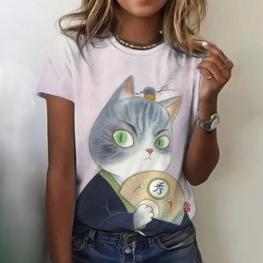 Comstylish Funny Cat Wearing Kimono And Holding A Folding Fan Printed T-shirt