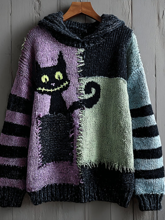 Comstylish Halloween Pocket Black Cat Patchwork Color Hooded Sweater