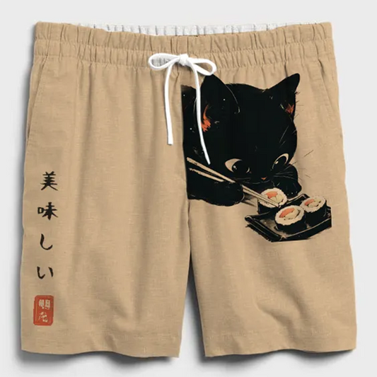Men's Black Cat Eating Sshi Print Casual Shorts elevenforest