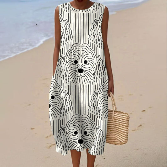 Women's Retro Line Dog Art Print Sleeveless Dress artswardrobe
