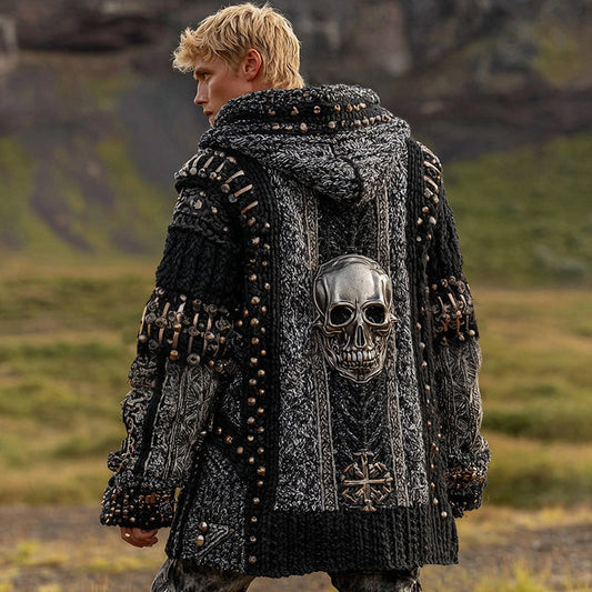 Men's Dark Style Skull Inspired Knitted Cozy Zipper Up Midi Hooded Cardigan artswardrobe