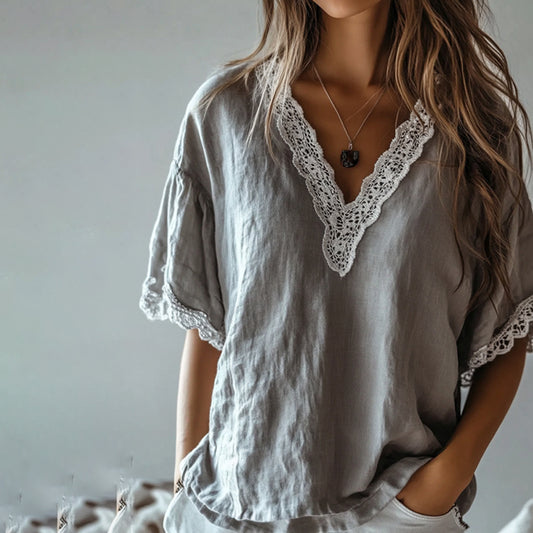 Vintage Lace Art Cotton Linen Comfy Short Sleeve Shirt artswardrobe