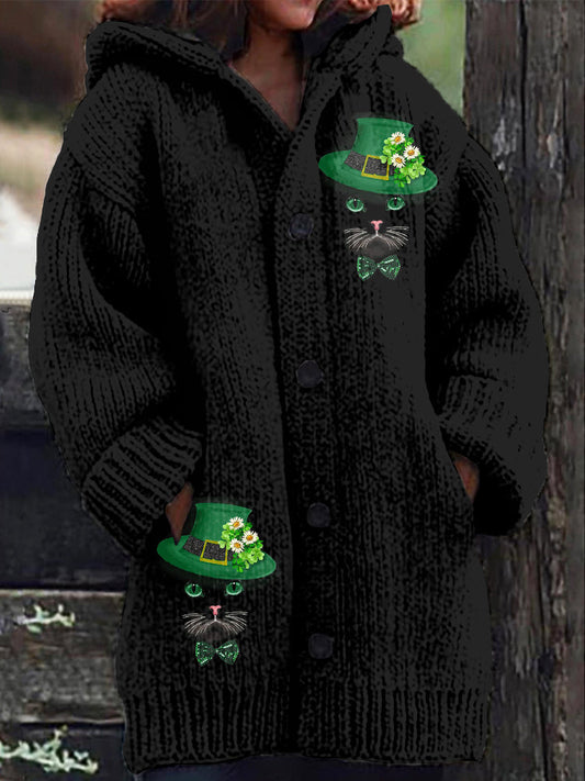 St. Patrick's Day Shamrock And Cat Cozy Hooded Cardigan artswardrobe