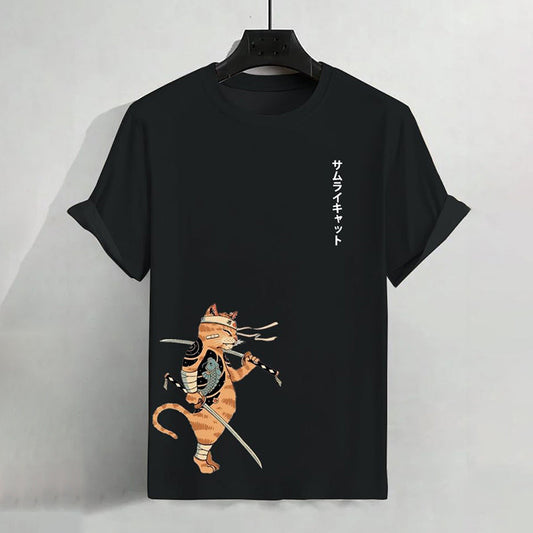 Men's Japanese Samurai Cat Art Print Casual T-Shirt elevenforest