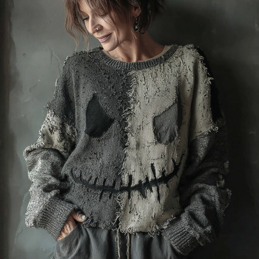 Halloween Spooky Face Sewn Knitted Crew Neck Sweater elevenforest