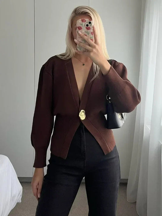 Brigida® | Stylish women's knitted sweater with a button placket in a solid color