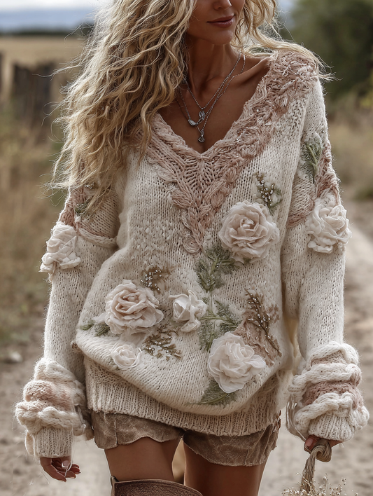 Women's Vintage Romantic White Rose Embroidery Art Long Sleeve V-neck Sweater elevenforest