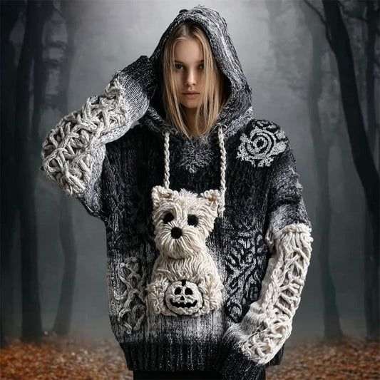 Halloween Cairn Terrier Dog & Pumpkin Women's Hooded Sweater elevenforest