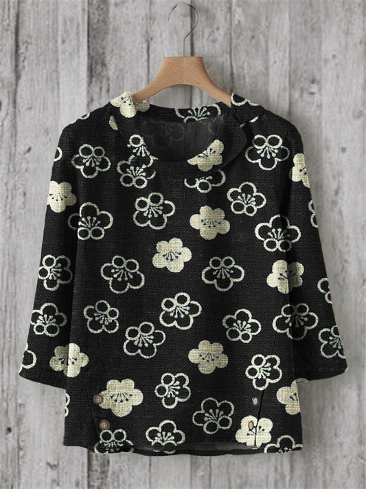 Comstylish Cherry Blossom Japanese Lino Pattern Linen Blend Tunic