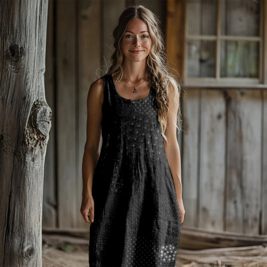 Comstylish Japanese Traditional Sashiko Art Linen Maxi Dress