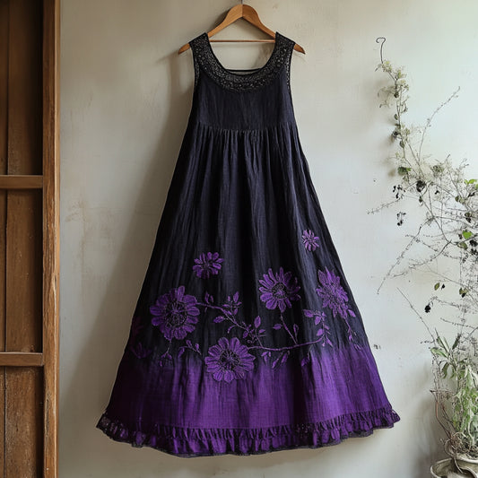 Bohemian Lace Floral Embroidery Art Linen Tank Dress artswardrobe