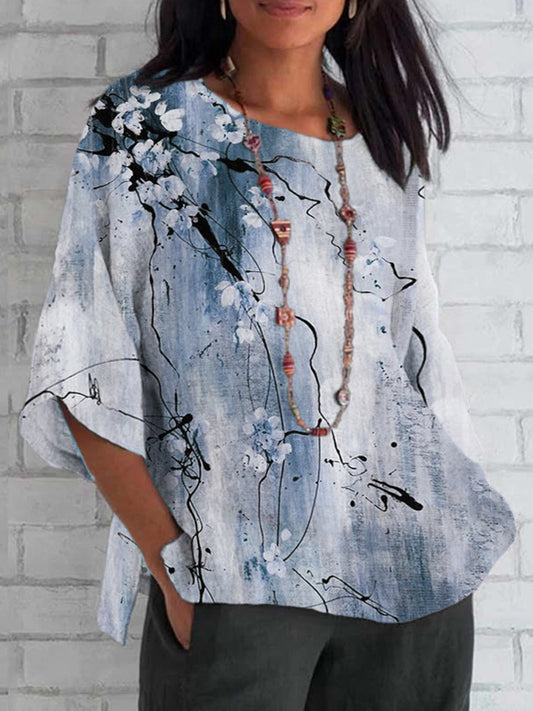 Comstylish Vintage Ink Flower Print Cotton and Linen T-Shirt