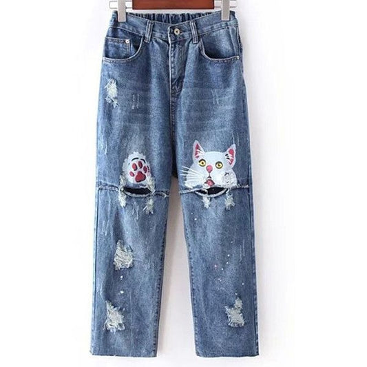 Comstylish Retro Cute Cat Abstract Art Design Jeans