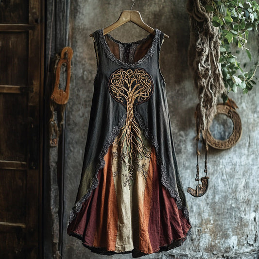 Tribal Celtic Knot Life Of Tree Lace Contrast Color Art Linen Tank Dress artswardrobe