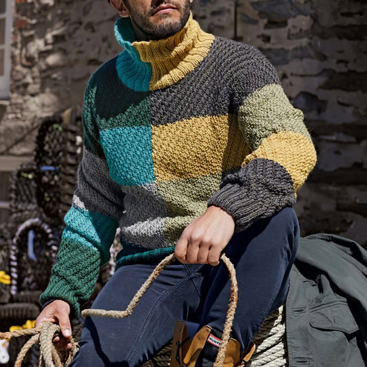Men's Vingate Color Block Stitching Jacquard Turtleneck Sweater elevenforest